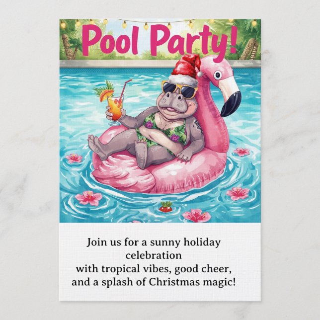 Convites Christmas Pool Party  Cute Hippo on Flamingo Float (Frente)