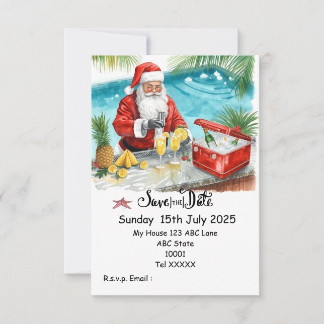 Convites Christmas Pool Party – Santa Claus Save the Date  (Frente)