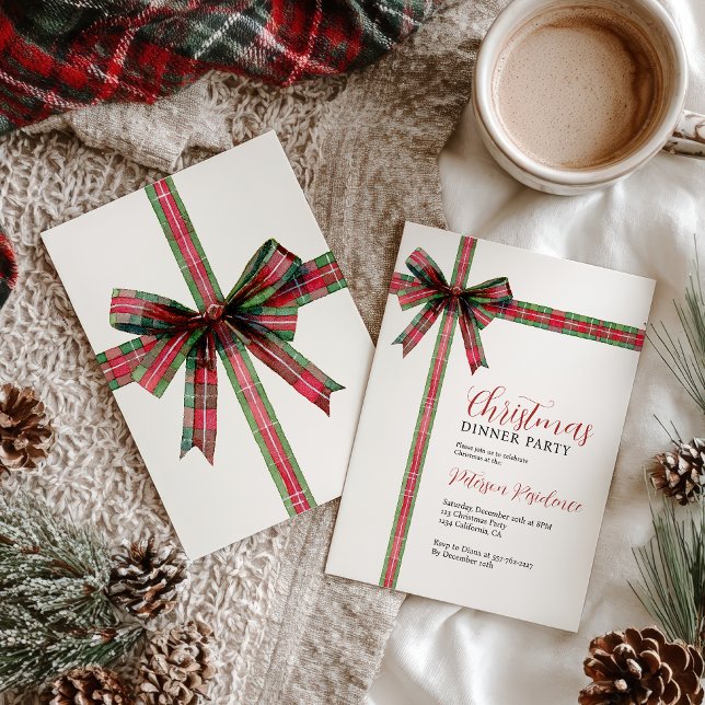 Convites Christmas Red Green Plaid Coquette Bow Holiday (Christmas Red Green Plaid Coquette Bow Holiday Invitation)