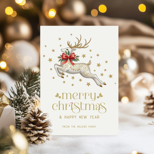Convites Christmas Reindeer Gold TypographyGreeting Card (Criador carregado)