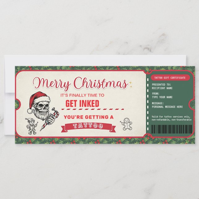 Convites Christmas Tattoo Gift Certificate Card Voucher (Frente)