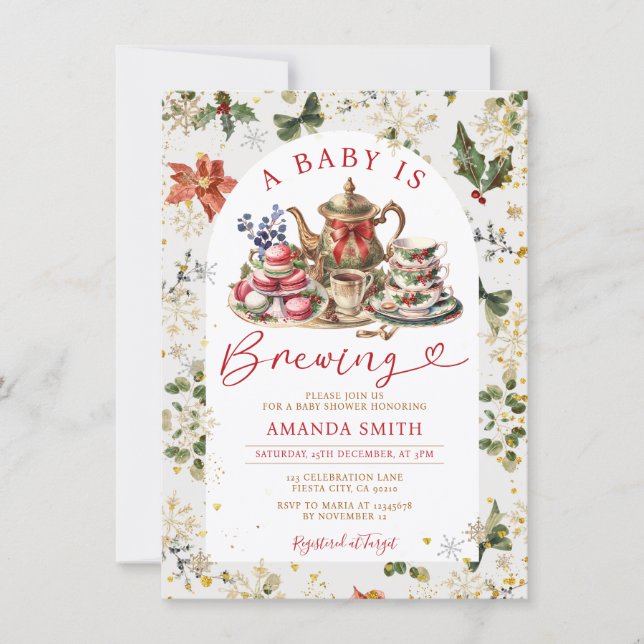 Convites Christmas Tea a baby is brewing Baby Shower Floral (Frente)