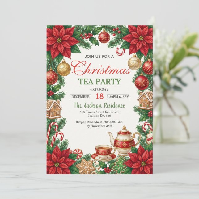 Convites Christmas Tea Holiday Party Invitation (Em pé/Frente)