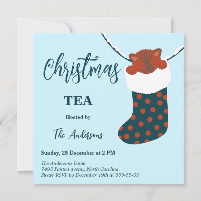 Convites  Christmas Tea Holly’s Boots Cat Party Invitation (Frente)