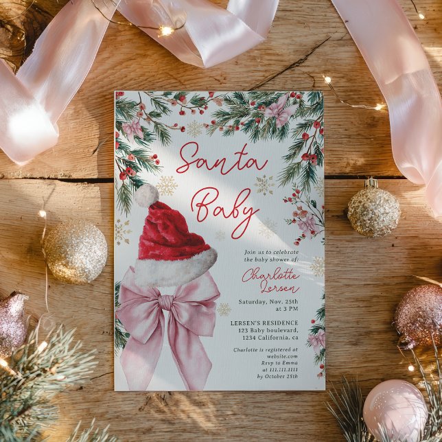 Convites  Christmas Winter Coquette Bow Santa Baby Shower (Christmas Winter Coquette Bow Santa Baby Shower Invitation)