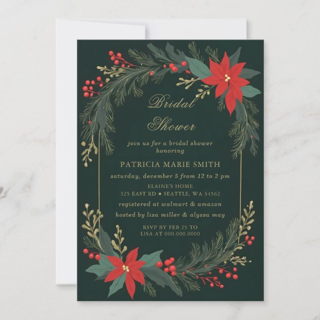 Convites Christmas Winter Floral Green Gold Bridal Shower (Frente)