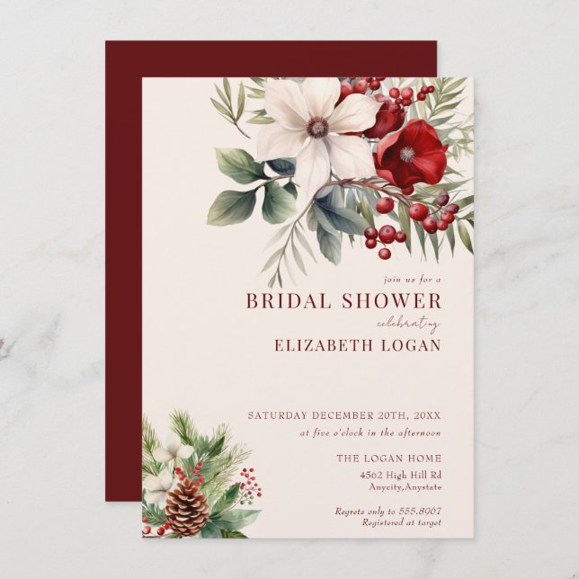 Convites Christmas Winter Floral | Red Bridal Shower (Frente/Verso)