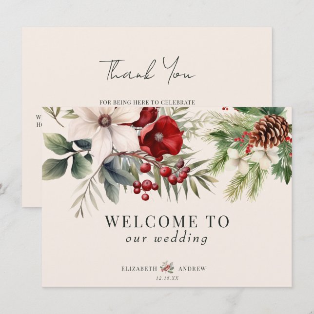 Convites Christmas Winter Floral  Wedding Welcome Cards (Frente/Verso)