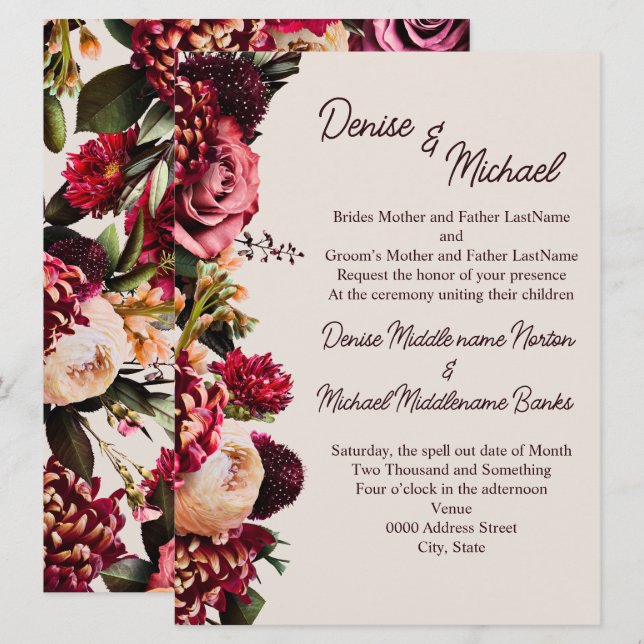 Convites Chrysanthemum em sobre Cameo Beige (Frente/Verso)