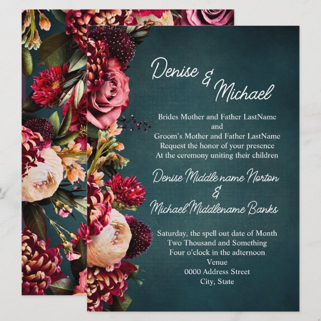 Convites Chrysanthemum no sobre o Casamento Teal (Frente/Verso)