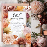 Convites Chrysanthemums Peonies Floral 60ª Festa de anivers<br><div class="desc">Crysântemas e peônias elegantes design floral "60ª Festa de aniversário" com um quadro floral de mães e flores de peônia em borgundy,  laranja queimada,  damasco e rosa num painel de fundo branco. Design traseiro apresenta cores de coordenação em várias camadas de fundo aquarela</div>