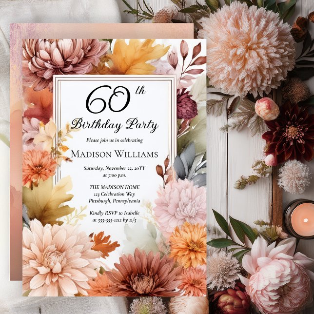 Convites Chrysanthemums Peonies Floral 60ª Festa de anivers (Elegant Boho Chrysanthemums and Peonies Floral 60th Birthday Party Invitation - Print | Digital)