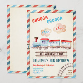 Convites Chugga Choo Vintage Train Boy Red Blue Birday