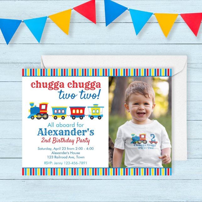 Convites Chugga Chugga Dois Dois Comboios Aniversário (chugga chugga two two! Invitation for a train birthday party for a two year old. primary colors)