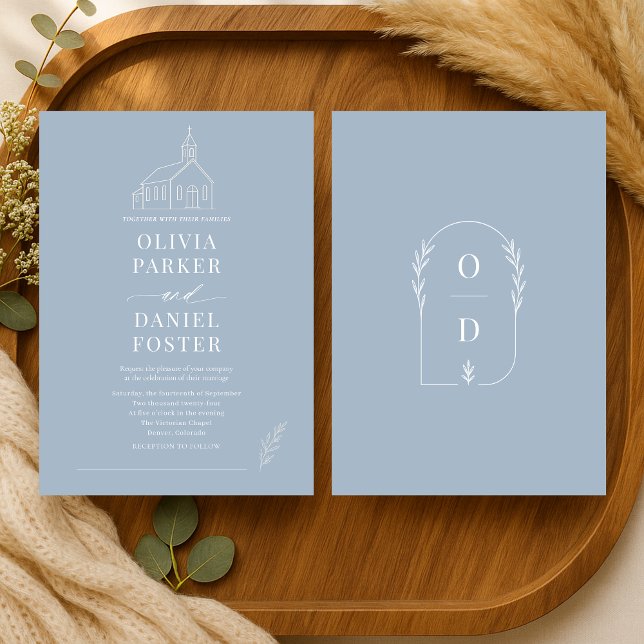 Convites Church Chapel Dusty Blue Line Art Wedding (Criador carregado)