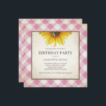Convites CHURRASCO Birthday Pink Gingham Impressão<br><div class="desc">Este convite para o CHURRASCO de aniversário deste país vem enfeitado com um design de mesa de piquenique cor-de-rosa com um girassol amarelo em formato quadrado único. Os detalhes do seu churrasco estão definidos em tipografia sans em um marrom elogioso. O design de papel vintage é transportado para o fundo...</div>