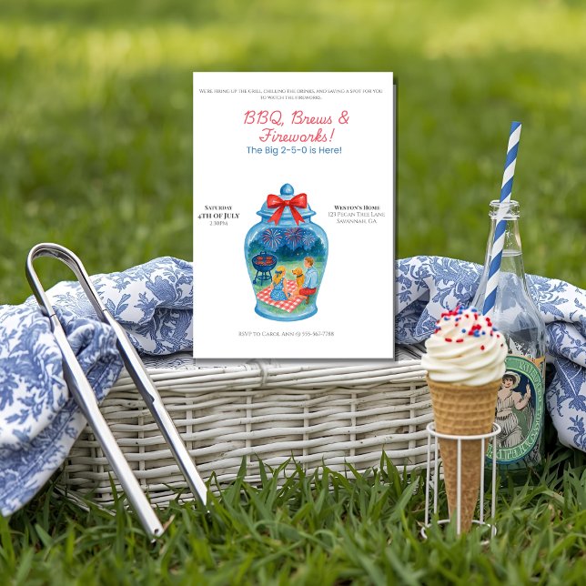 Convites Churrasco, Cervejas, Fogos de Artifício Pote de Ge (A soft, natural light front-view of a 5x7 blank "BBQ, Brews & Fireworks" invitation standing upright)