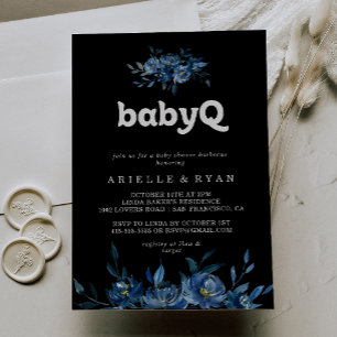 Convites Churrasco de BabyQ Floral Azul Marinho para Chás d