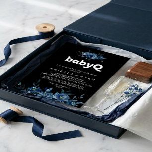Convites Churrasco de BabyQ Floral Azul Marinho para Chás d