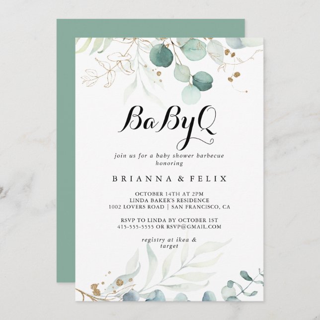 Convites Churrasco de Chá de fraldas Floral Dourado Russo B (Frente/Verso)