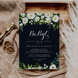 Convites Churrasco de Chá de fraldas Green White Floral Ba