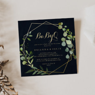 Convites Churrasco de Chá de fraldas Verde Dourado Geomét