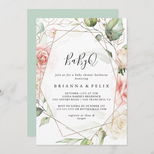 Convites Churrasco de Chá de fraldas Verde Dourado Geométri (Frente/Verso)