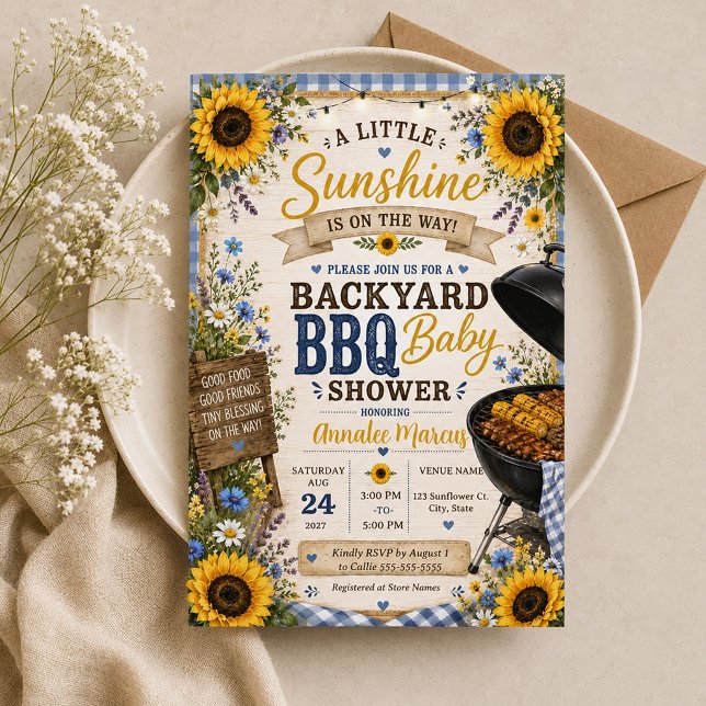 Convites Churrasco de Girassóis Rústicos em Xadrez Azul par (Little Sunshine Backyard BBQ Baby Shower invitation)