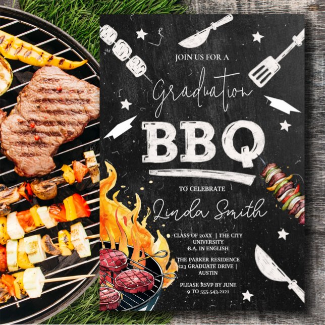 Convites Churrasco de Graduação de Cor Branca Negra (Black White Watercolor Graduation BBQ Invitation #zazzlemade #bbqgraduation #bbqparty #graduate2025)