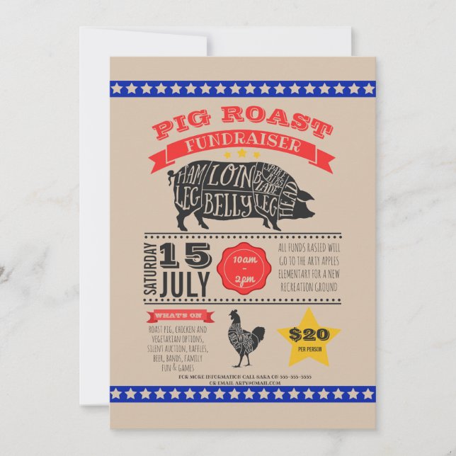 Convites Churrasco de porco para caridade PTA PTO aniversár (Frente)