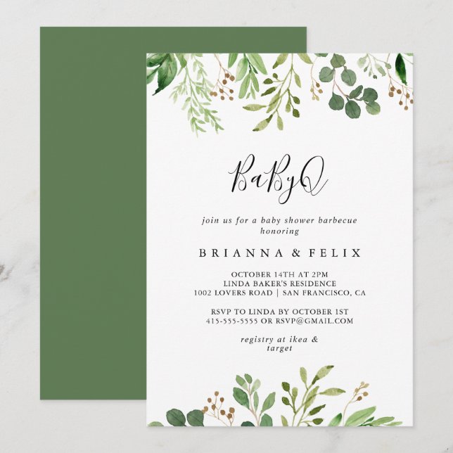 Convites Churrasco do Chá de fraldas Eucalyptus Simple Baby (Frente/Verso)