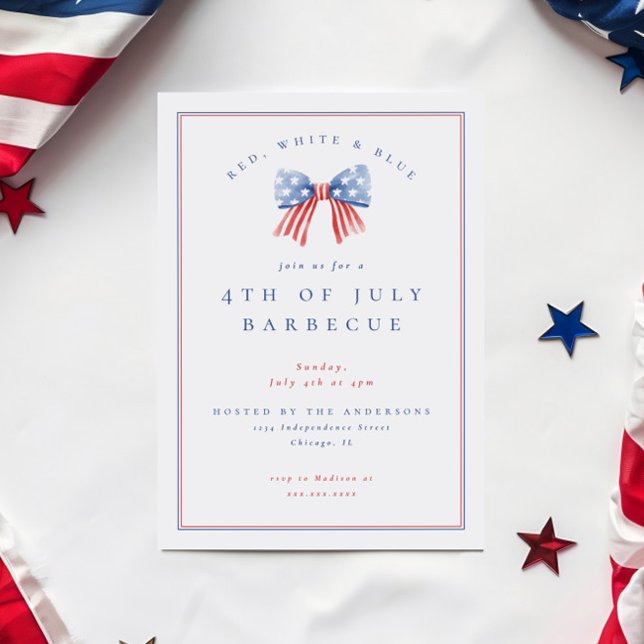 Convites Churrasco do Partido da Independência no Arco 4 de (Preppy sophisticated 4th of july bbq invitation featuring a watercolor bow with the american flag)