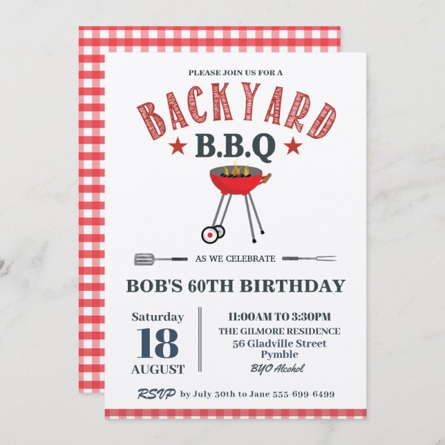 Convites Churrasco Male Birthday Red Gingham Artesanato (Frente/Verso)