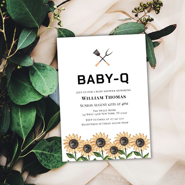 Convites Churrasco minimalista moderno Girassol Chá de fral (Modern Minimalist BBQ Sunflower Baby Q Baby Shower Invitation)