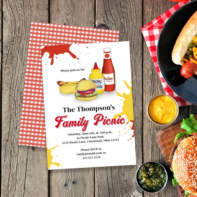Convites Churrasco Picnic Summer da família personalizado (Family Picnic Custom Invitations, With Hamburger, Hot Dogs, Ketchup and Mustard artwork.)