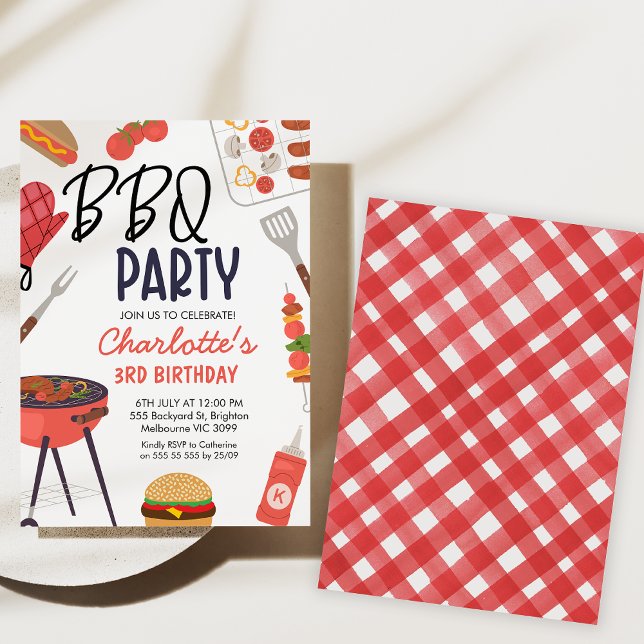 Convites Churrasco Red Oven Mitt Churrasco Vermelho Anivers (Bbq birthday party invitation, Backyard Bbq Birthday Invitation, Gingham, red mitt, Summer Bbq Party)