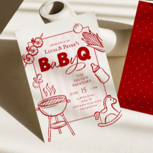 Convites Churrasco Rosa e Vermelho para Casais Baby-Q Chá d