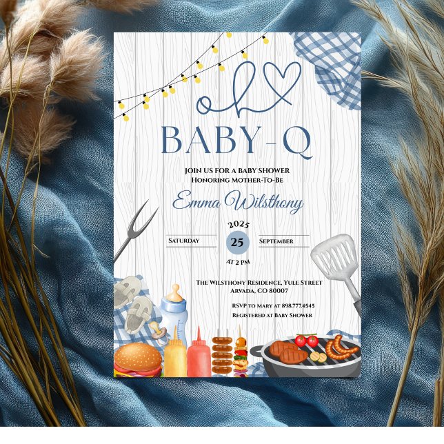 Convites Churrasco Russo Chá de fraldas Baby Q (bbq baby shower invitations blue gingham backyard plaid barbecue rustic country cute boy fun  babyq)
