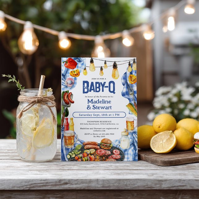 Convites Churrasco Russo Xadrez Azul Chá Baby-Q (Rustic BBQ Summer Blue Plaid Baby-Q Shower Invitation)