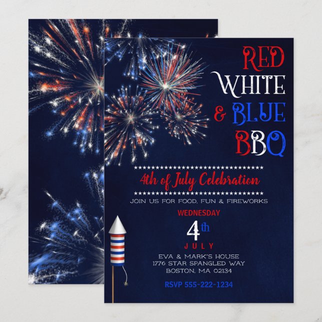 Convites Churrasco Vermelho Branco Azul 4 de Julho (Frente/Verso)