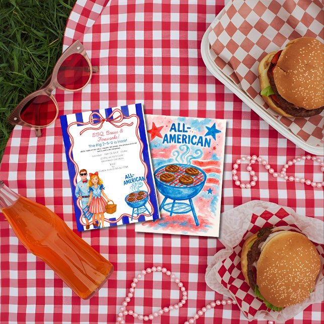 Convites Churrasco vermelho, Brechas, fogos de artifício 4  (Red Bow BBQ, Brews, Fireworks 4th of July Invitation)