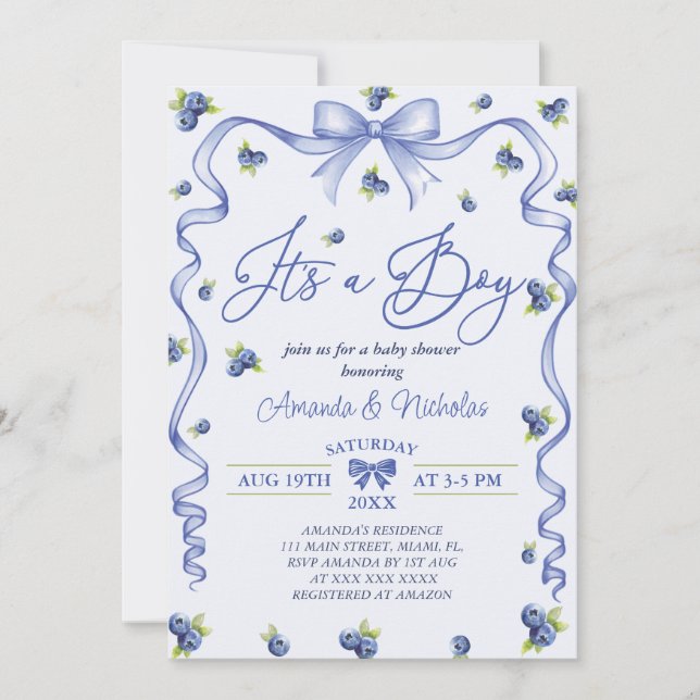 Convites Chuva Azul Baby Shower de Mirtilo (Frente)