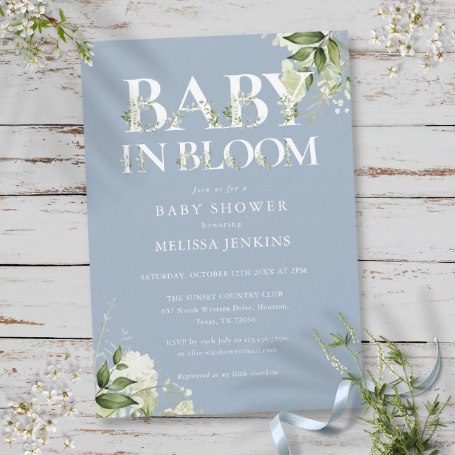 Convites Chuva Azul Bebê em Floração Churrasco de Bebê Vege (Dusty Blue Baby In Bloom Greenery Baby Shower Invitation)