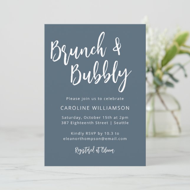 Convites Chuva Azul Borbulhante de Brunch com Letra Moderna (Em pé/Frente)