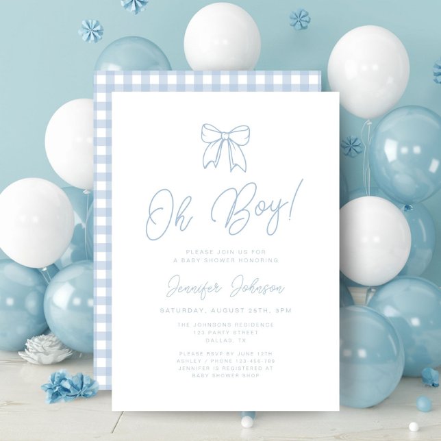 Convites Chuva Azul de Gingham Ótimo Menino Baby Shower (Cute Blue Coquette Bow Boy Baby Shower Invitation)