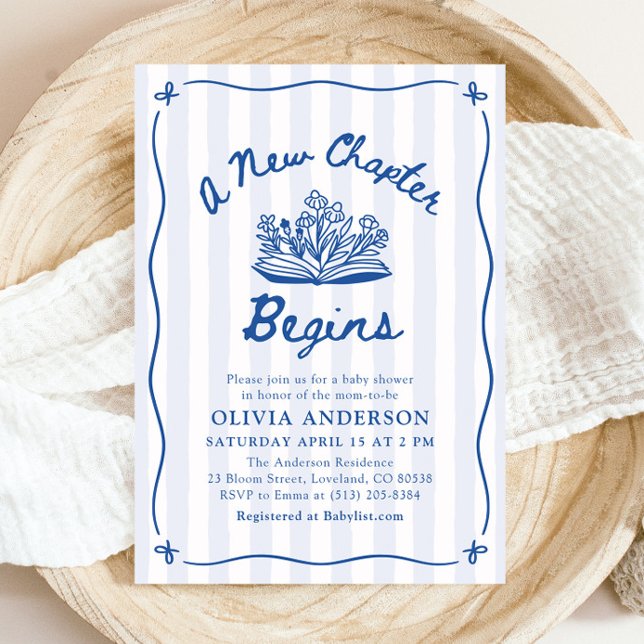 Convites Chuva Azul Desenhada à Mão Um Novo Capítulo Começa (Blue Hand Drawn A New Chapter Begins Baby Shower Invitation)