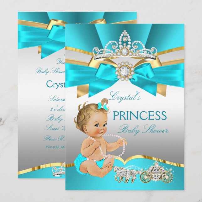 Convites Chuva Azul Dourado Princesa Baby Shower Loura (Frente/Verso)