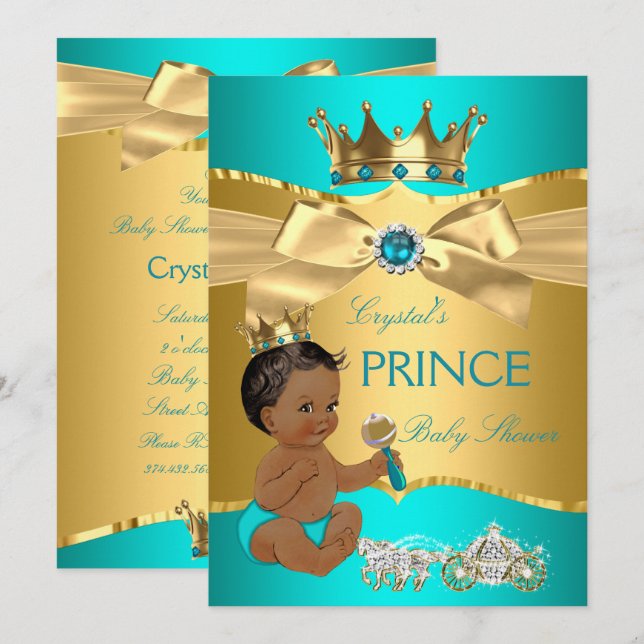 Convites Chuva Azul Dourado Príncipe Baby Shower Étnico (Frente/Verso)