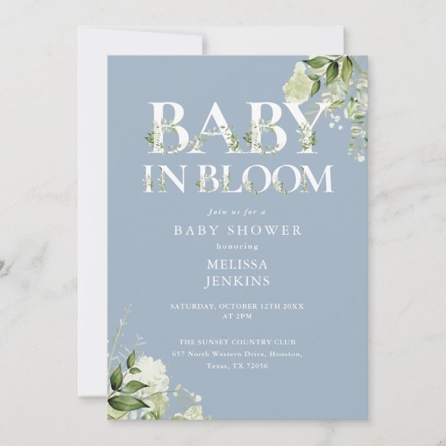 Convites Chuva Azul em Florescimento Código QR Baby Shower (Frente)