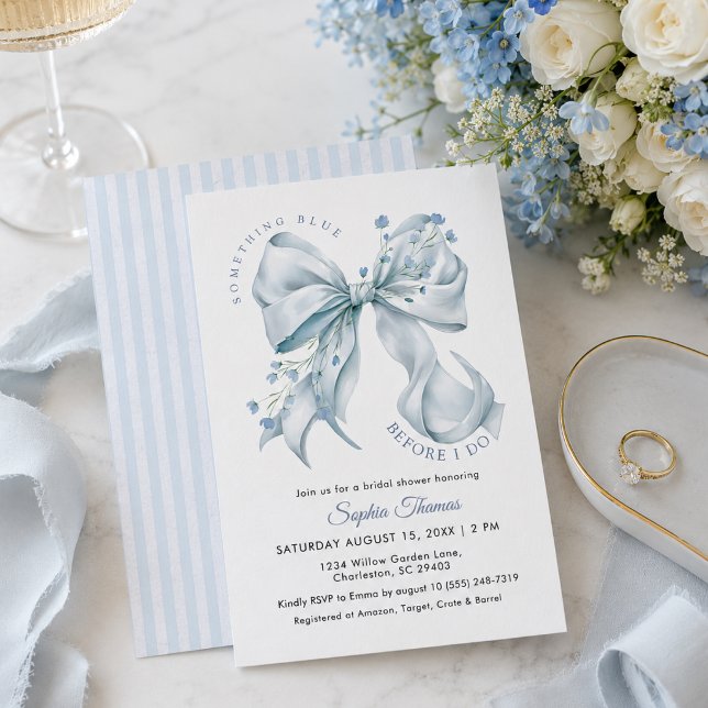Convites Chuva Azul Moderna Antes de Eu Fazer Chá de Noiva (Elegant Something Blue Bow Coquete Bridal Shower Invitation)